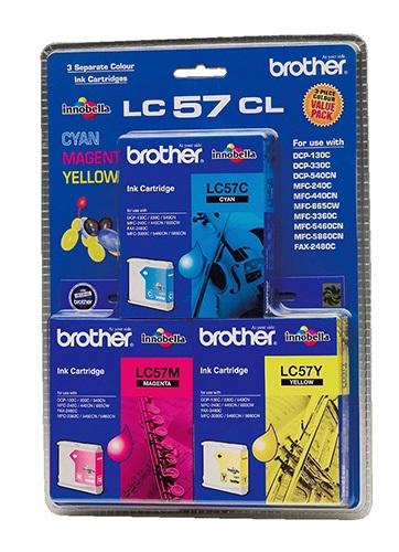 Brother LC-57 Colour Value Pack containing LC-57C, LC-57M, and LC-57Y ink cartridges for vibrant printing.